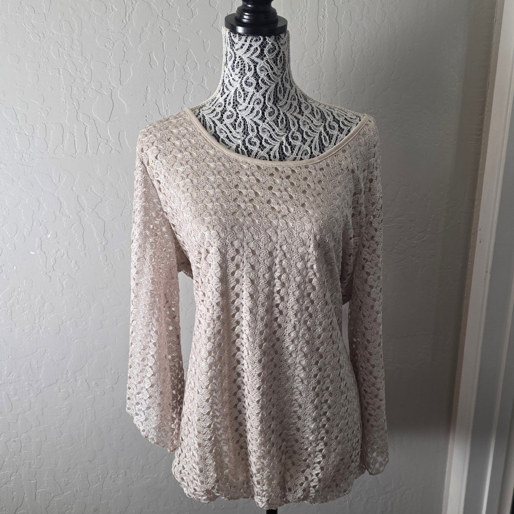 Lace Overlay Crochet‎ Blouse Womens 2X Beige Boho Balloon Sleeve Top Textured